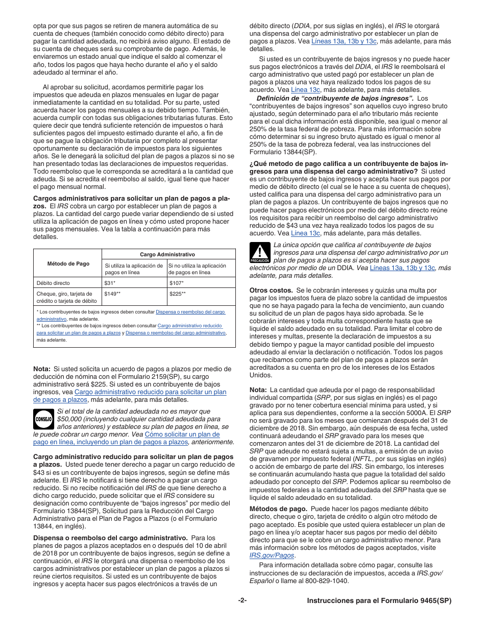 Instrucciones para IRS Formulario 9465(SP) Solicitud Para Un Plan De Pagos a Plazos (Spanish), Page 2
