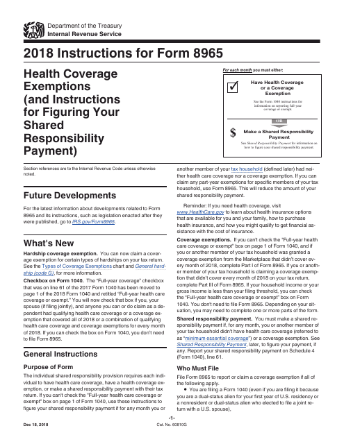 Instructions for IRS Form 8965 Health Coverage Exemptions (And Instructions for Figuring Your Shared Responsibility Payment), 2018