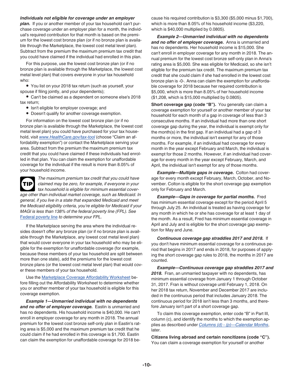 Instructions for IRS Form 8965 Health Coverage Exemptions (And Instructions for Figuring Your Shared Responsibility Payment), Page 10