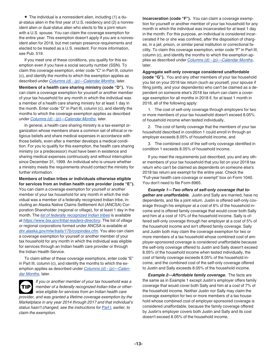 Instructions for IRS Form 8965 Health Coverage Exemptions (And Instructions for Figuring Your Shared Responsibility Payment), Page 13