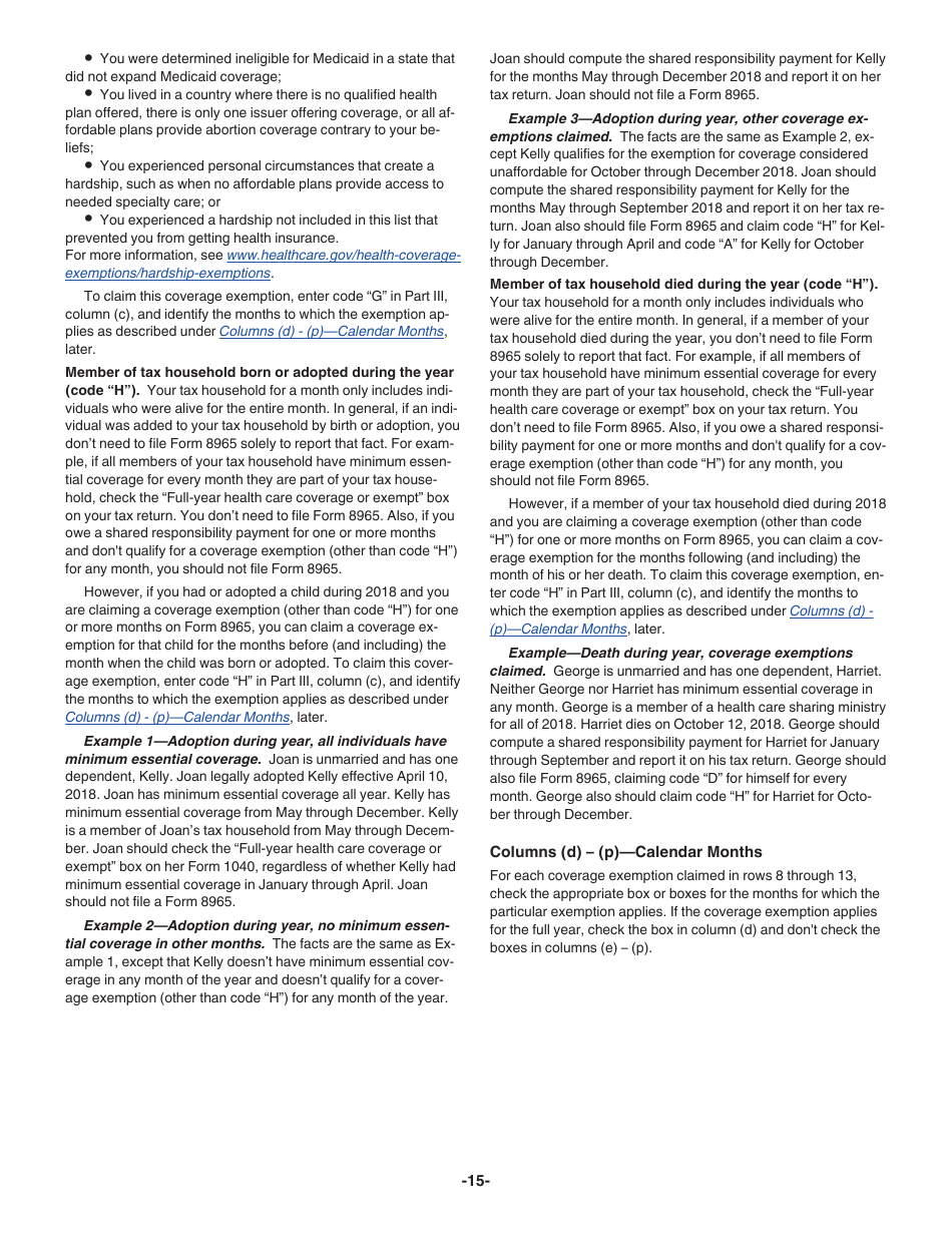Instructions for IRS Form 8965 Health Coverage Exemptions (And Instructions for Figuring Your Shared Responsibility Payment), Page 15