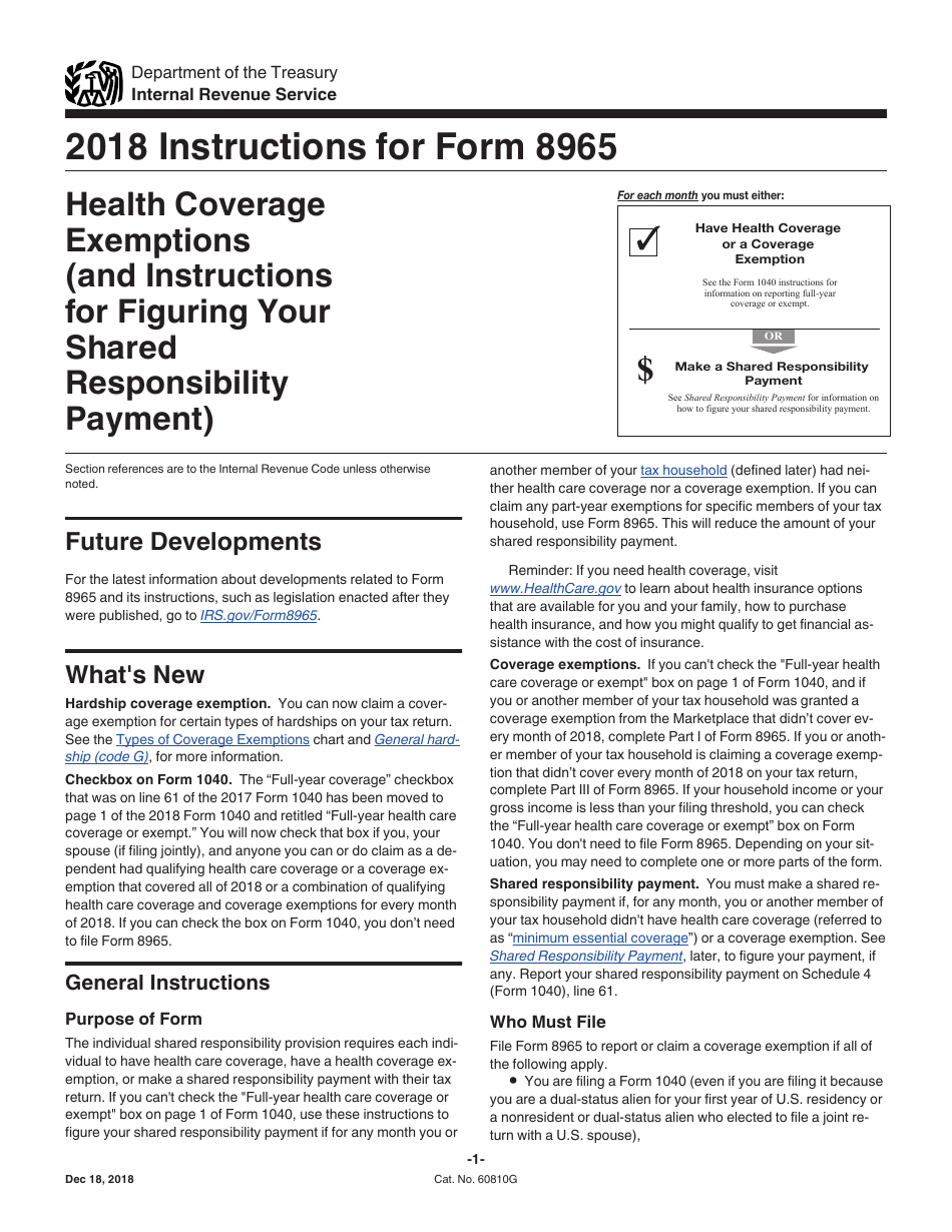 Instructions for IRS Form 8965 Health Coverage Exemptions (And Instructions for Figuring Your Shared Responsibility Payment), Page 1