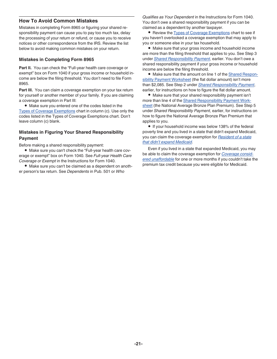 Instructions for IRS Form 8965 Health Coverage Exemptions (And Instructions for Figuring Your Shared Responsibility Payment), Page 21