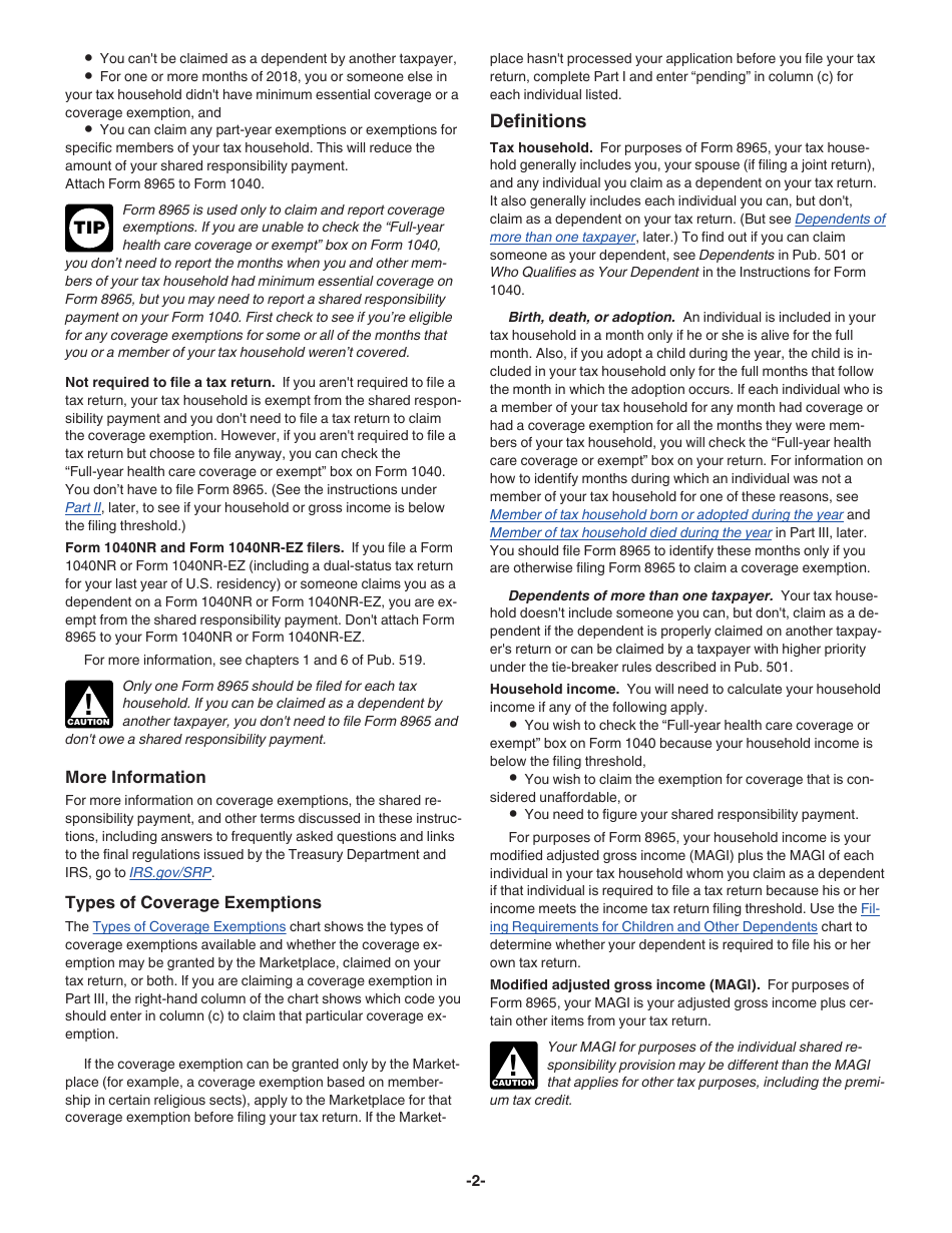 Instructions for IRS Form 8965 Health Coverage Exemptions (And Instructions for Figuring Your Shared Responsibility Payment), Page 2
