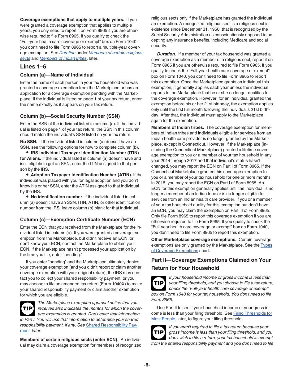 Instructions for IRS Form 8965 Health Coverage Exemptions (And Instructions for Figuring Your Shared Responsibility Payment), Page 6