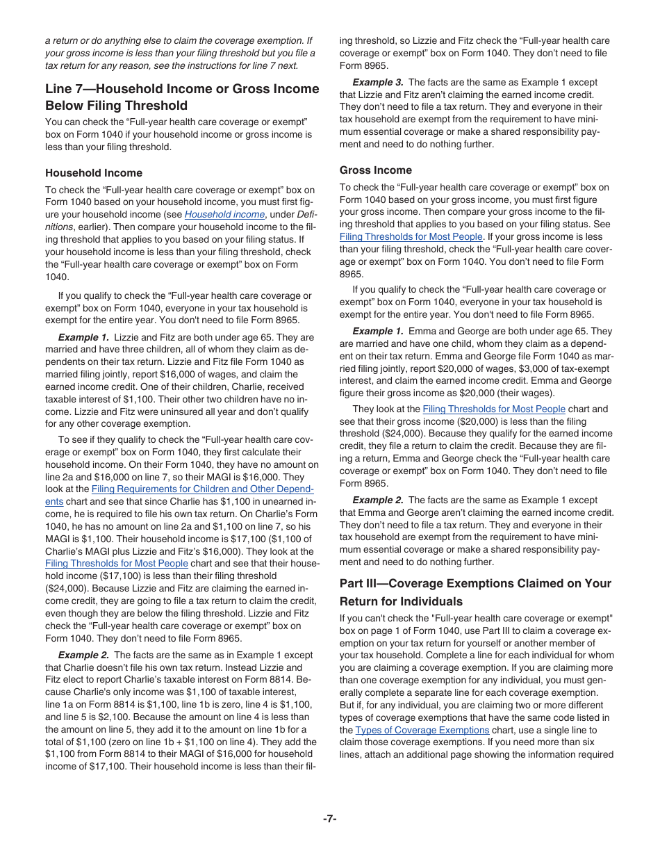 Instructions for IRS Form 8965 Health Coverage Exemptions (And Instructions for Figuring Your Shared Responsibility Payment), Page 7