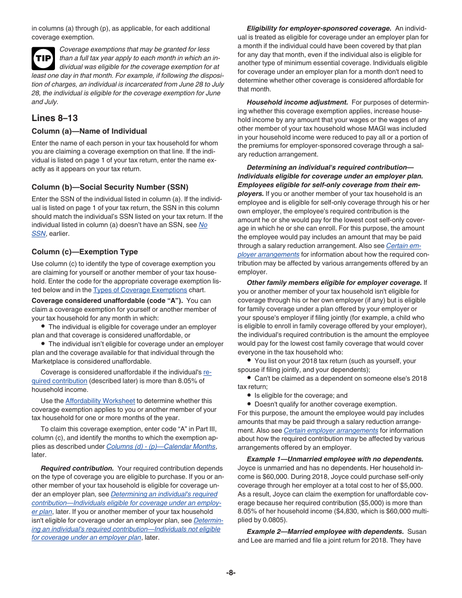 Instructions for IRS Form 8965 Health Coverage Exemptions (And Instructions for Figuring Your Shared Responsibility Payment), Page 8