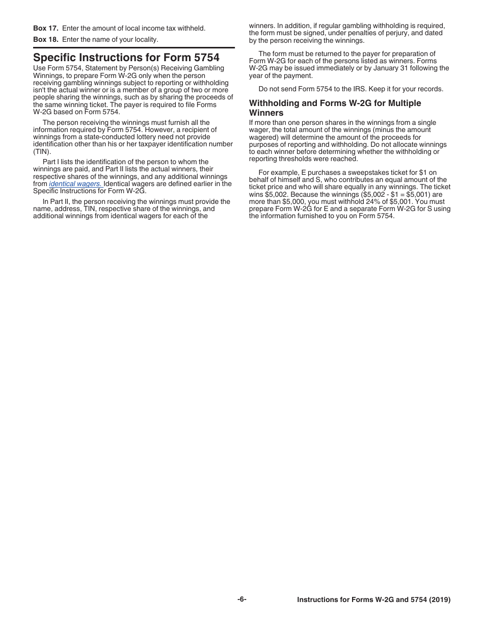 Instructions for IRS Form W-2G, 5754, Page 6