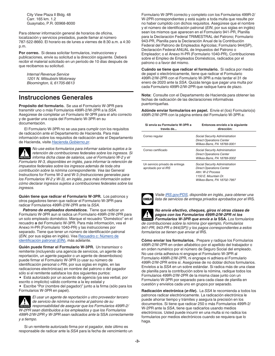 Instructions for IRS Form W-3PR Transmittal of Withholding Statements (English / Spanish), Page 3