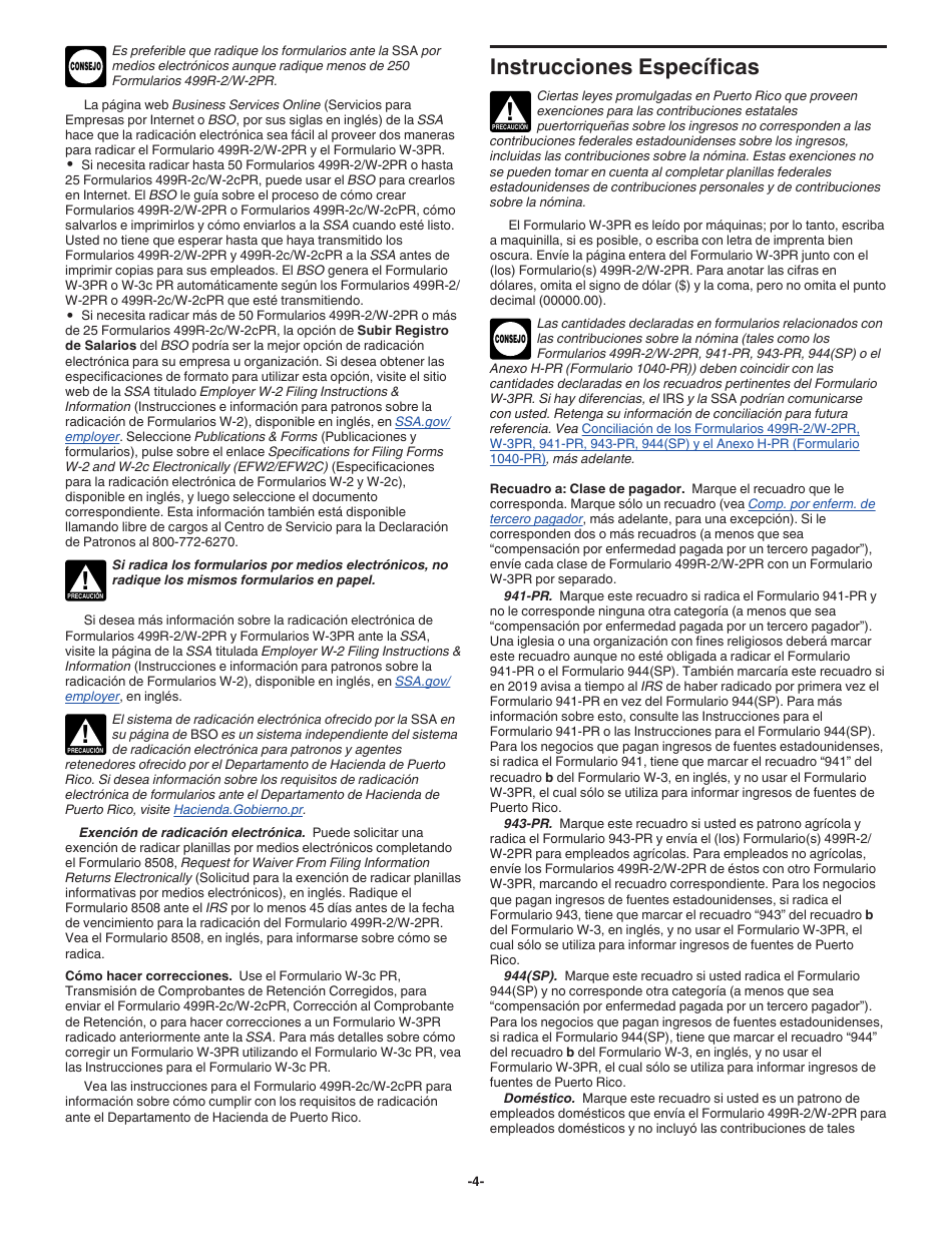 Instructions for IRS Form W-3PR Transmittal of Withholding Statements (English / Spanish), Page 4