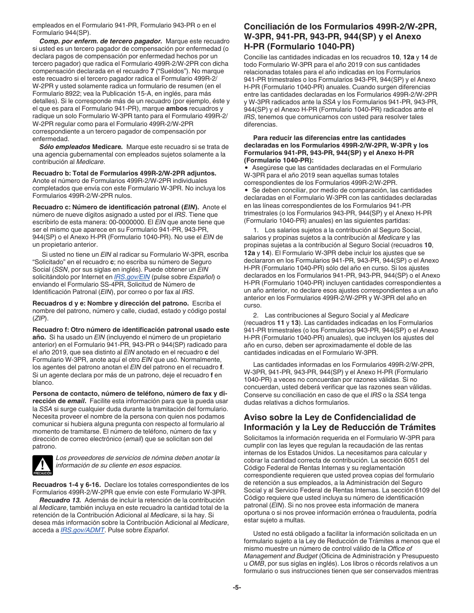Instructions for IRS Form W-3PR Transmittal of Withholding Statements (English / Spanish), Page 5