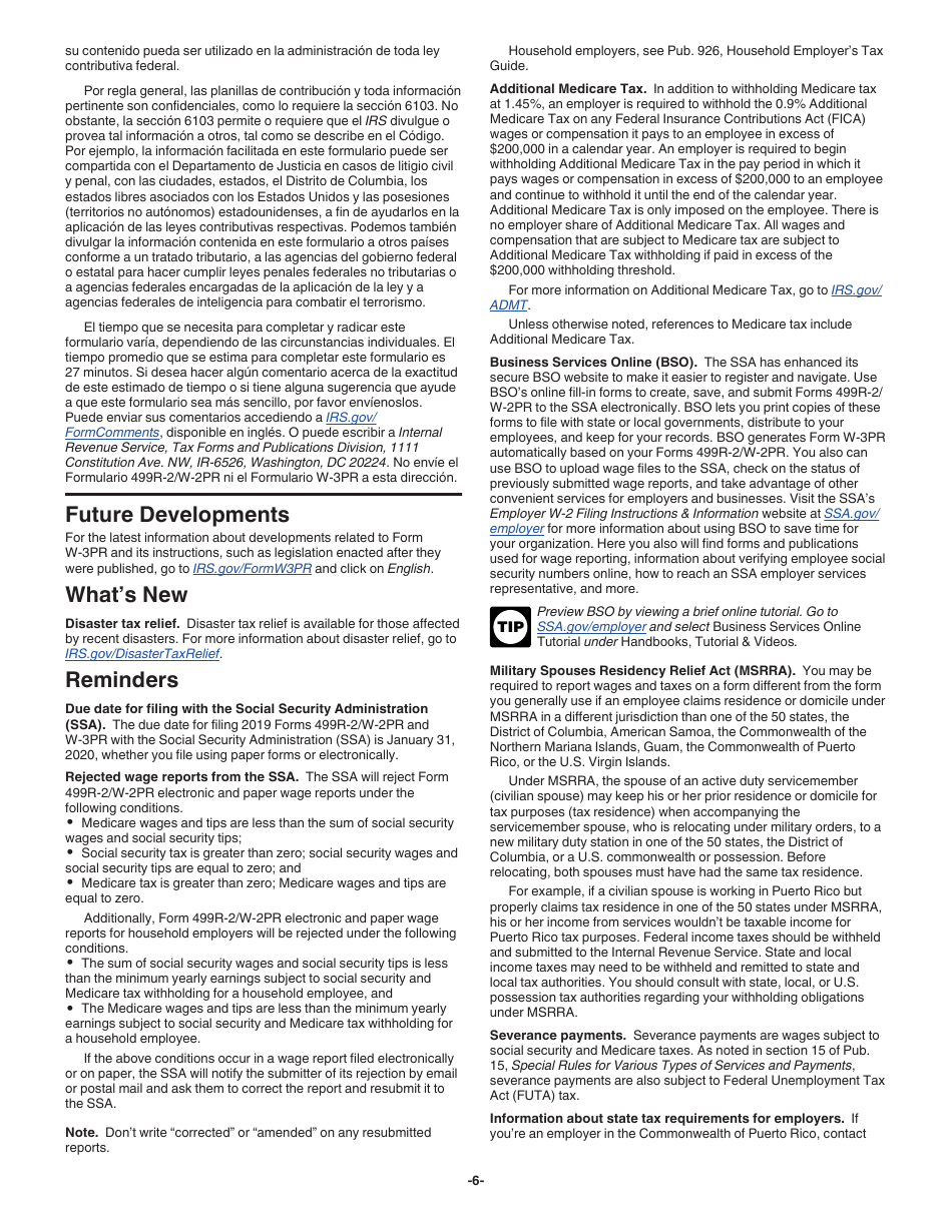 Instructions for IRS Form W-3PR Transmittal of Withholding Statements (English / Spanish), Page 6