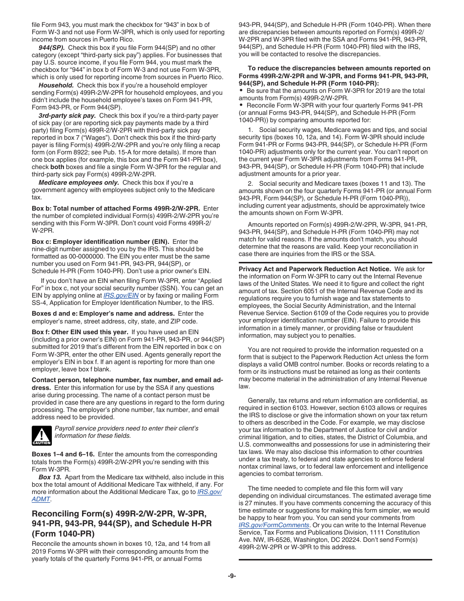 Instructions for IRS Form W-3PR Transmittal of Withholding Statements (English / Spanish), Page 9