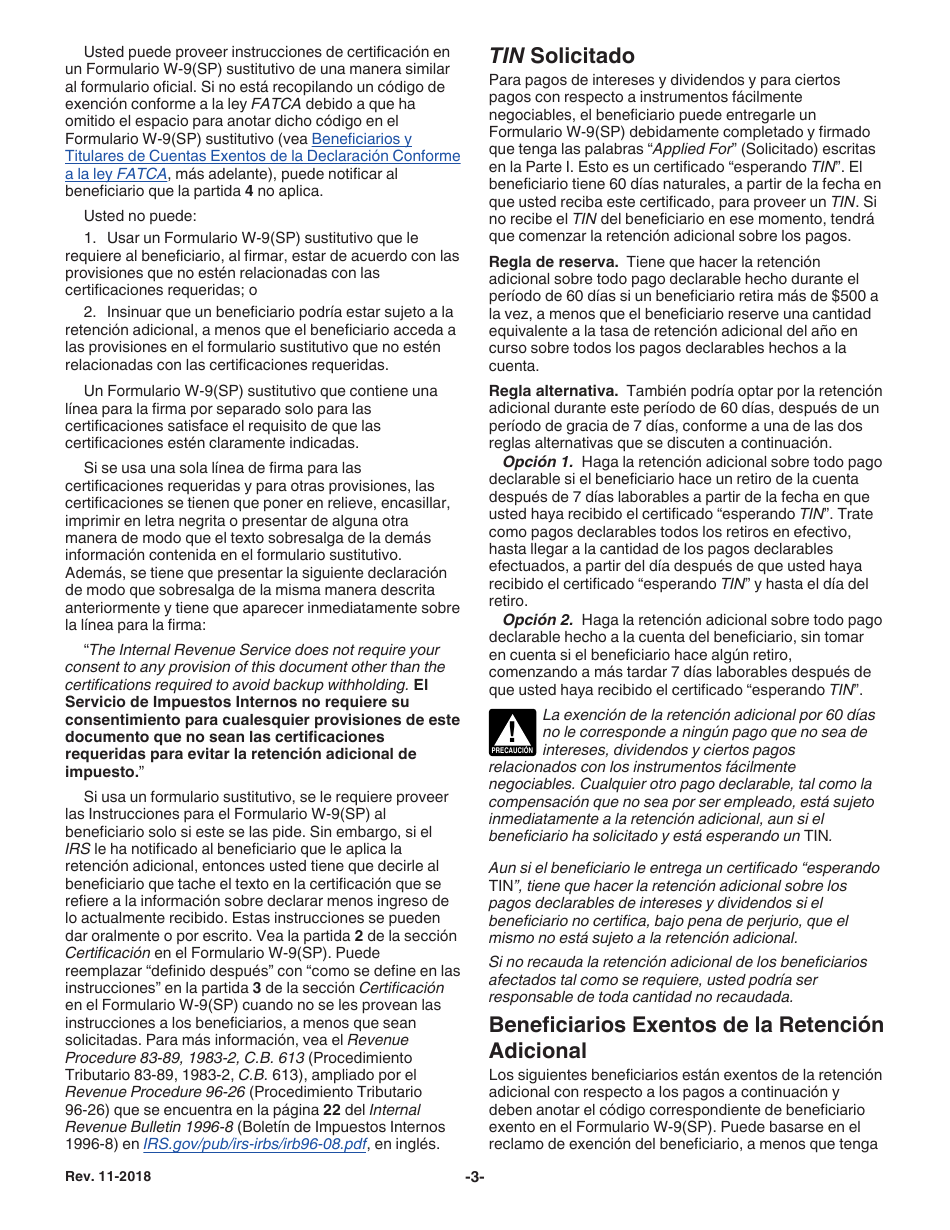 Instrucciones para IRS Formulario W-9(SP) Solicitud Y Certificacion Del Numero De Identificacion Del Contribuyente (Spanish), Page 3