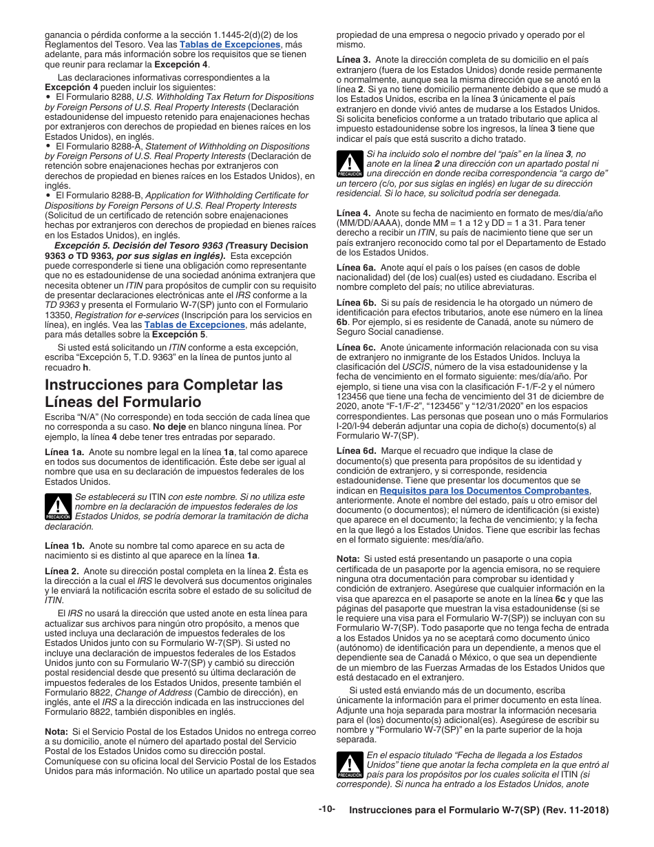 Instrucciones para IRS Formulario W-7(SP) Solicitud De Numero De Identificacion Personal Del Contribuyente Del Servicio De Impuestos Internos (Spanish), Page 10
