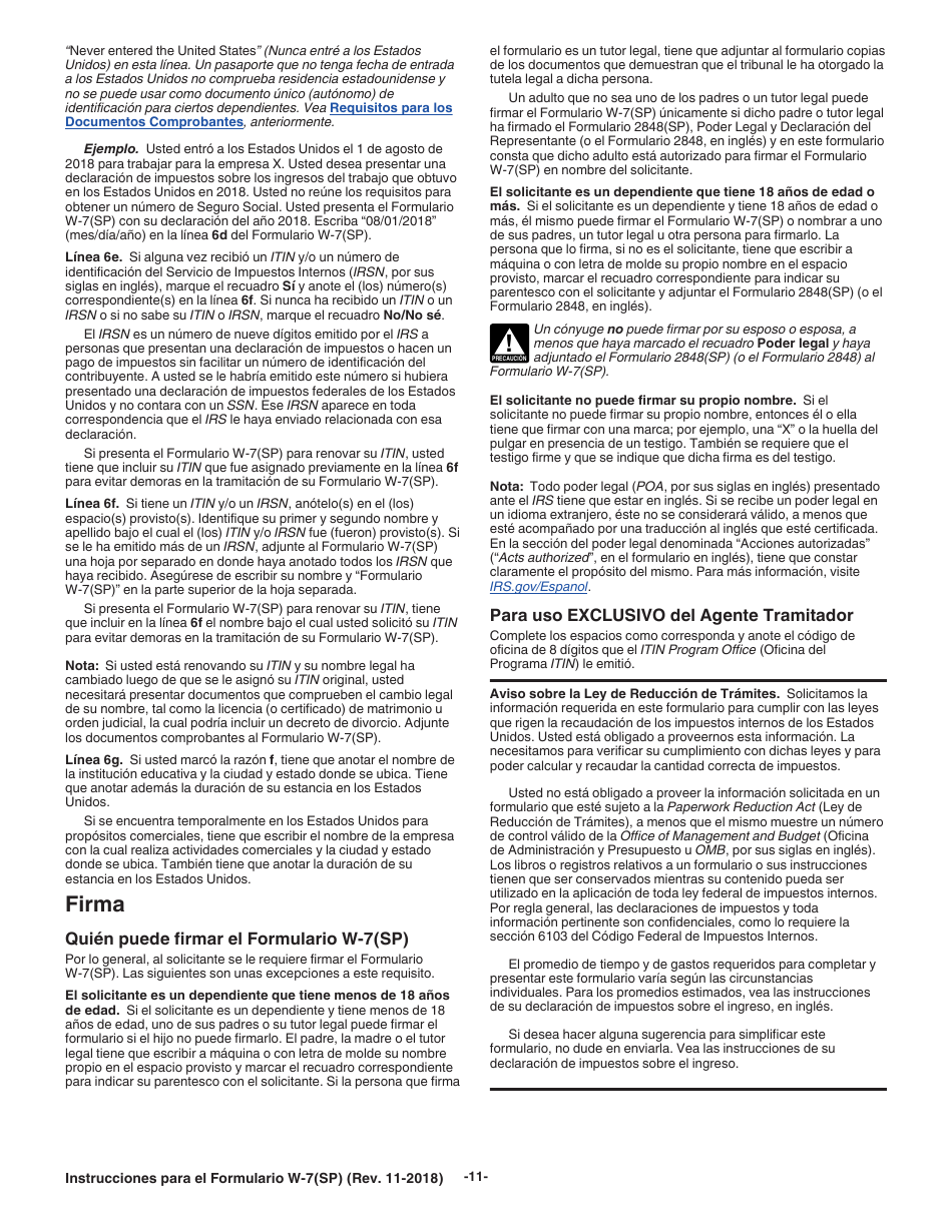Instrucciones para IRS Formulario W-7(SP) Solicitud De Numero De Identificacion Personal Del Contribuyente Del Servicio De Impuestos Internos (Spanish), Page 11