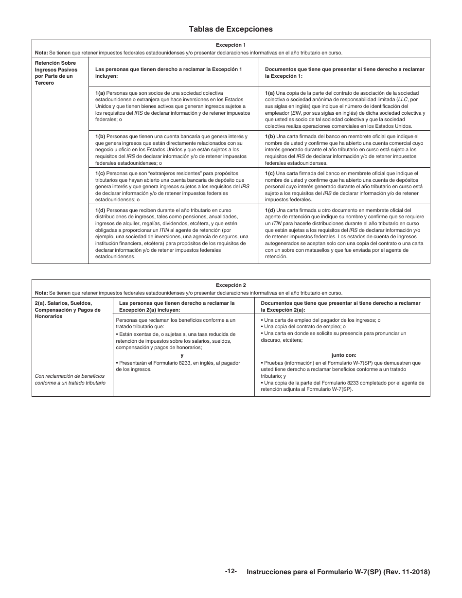 Instrucciones para IRS Formulario W-7(SP) Solicitud De Numero De Identificacion Personal Del Contribuyente Del Servicio De Impuestos Internos (Spanish), Page 12