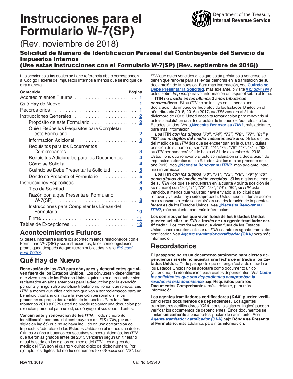Instrucciones para IRS Formulario W-7(SP) Solicitud De Numero De Identificacion Personal Del Contribuyente Del Servicio De Impuestos Internos (Spanish), Page 1
