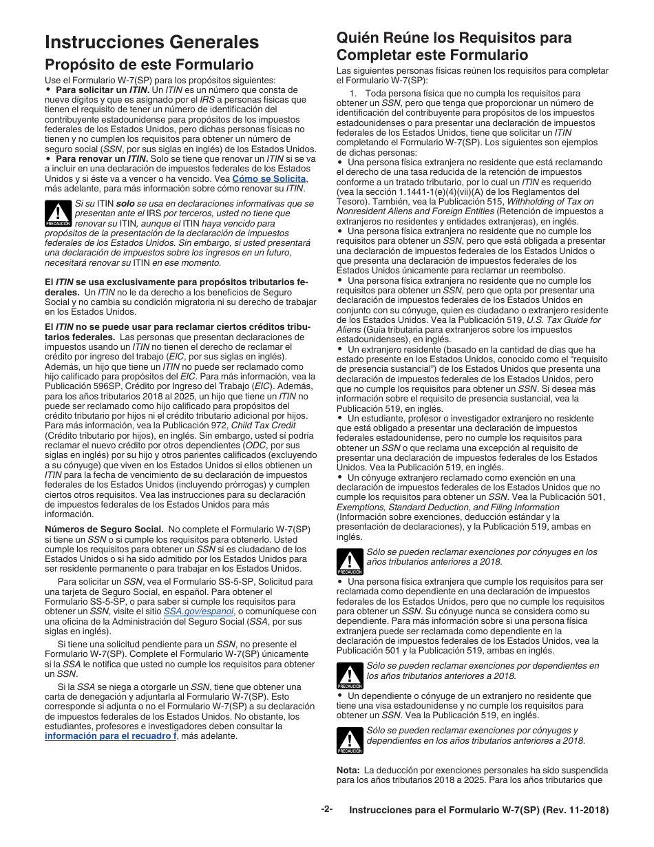 Instrucciones para IRS Formulario W-7(SP) Solicitud De Numero De Identificacion Personal Del Contribuyente Del Servicio De Impuestos Internos (Spanish), Page 2
