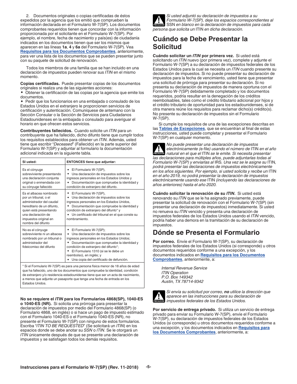 Instrucciones para IRS Formulario W-7(SP) Solicitud De Numero De Identificacion Personal Del Contribuyente Del Servicio De Impuestos Internos (Spanish), Page 5