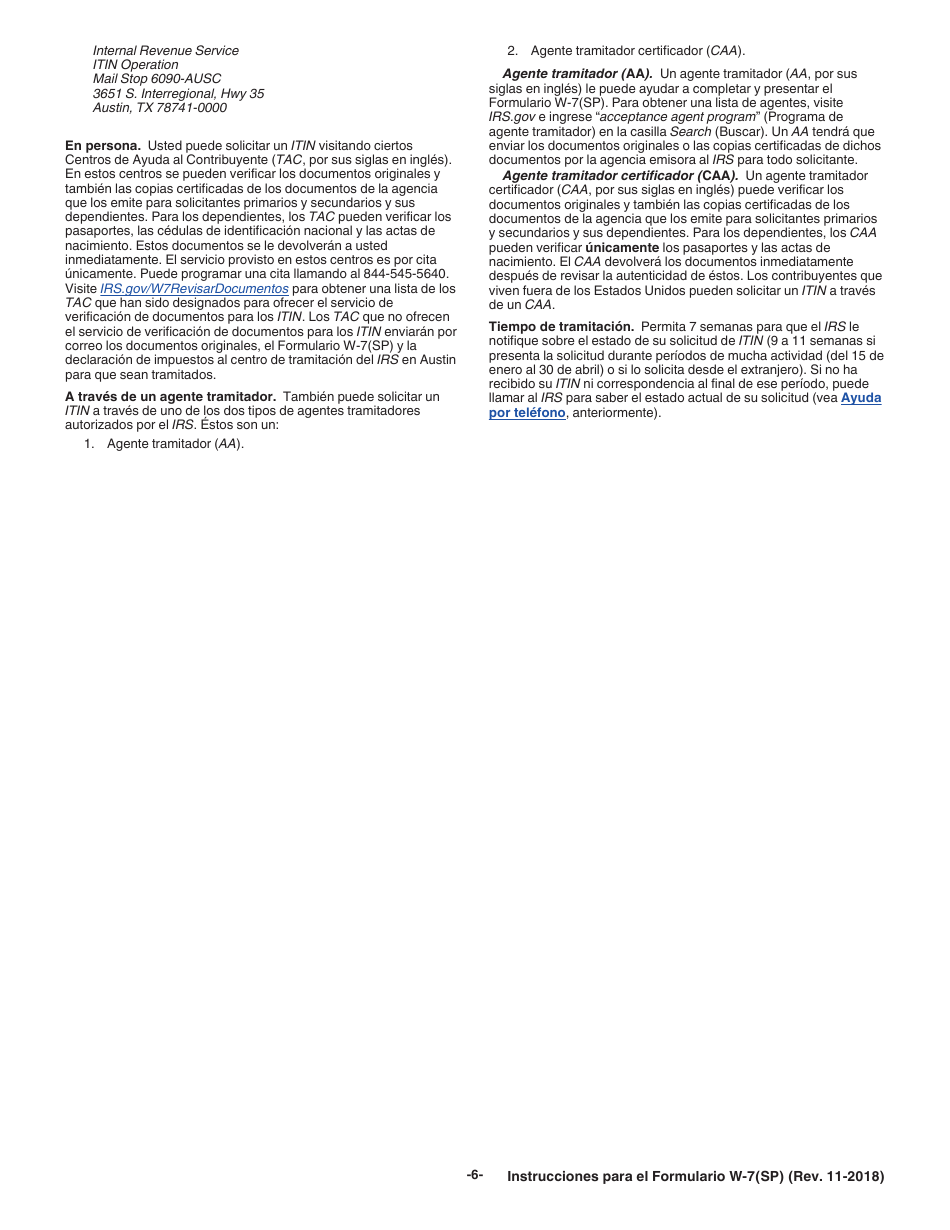 Instrucciones para IRS Formulario W-7(SP) Solicitud De Numero De Identificacion Personal Del Contribuyente Del Servicio De Impuestos Internos (Spanish), Page 6