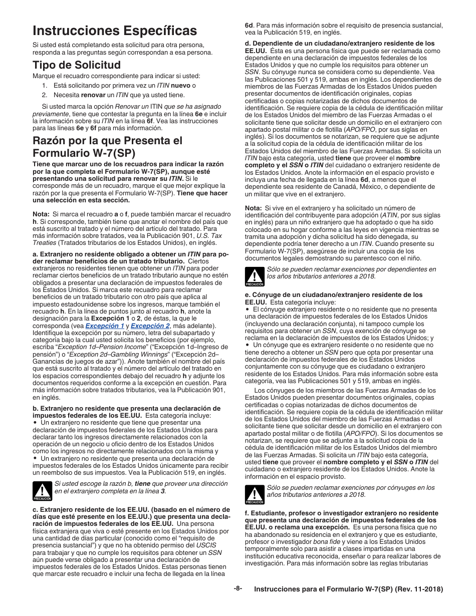 Instrucciones para IRS Formulario W-7(SP) Solicitud De Numero De Identificacion Personal Del Contribuyente Del Servicio De Impuestos Internos (Spanish), Page 8
