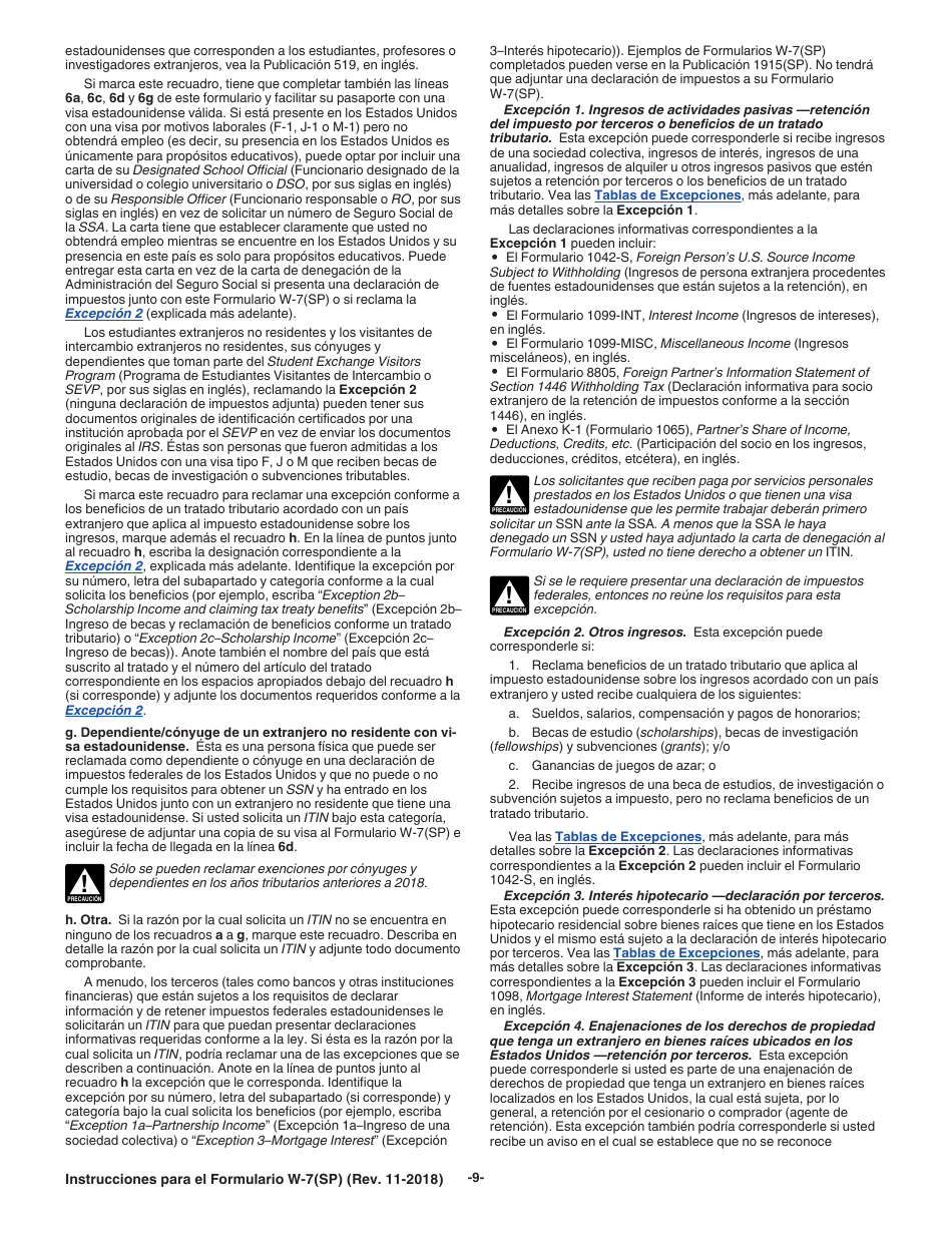 Instrucciones para IRS Formulario W-7(SP) Solicitud De Numero De Identificacion Personal Del Contribuyente Del Servicio De Impuestos Internos (Spanish), Page 9