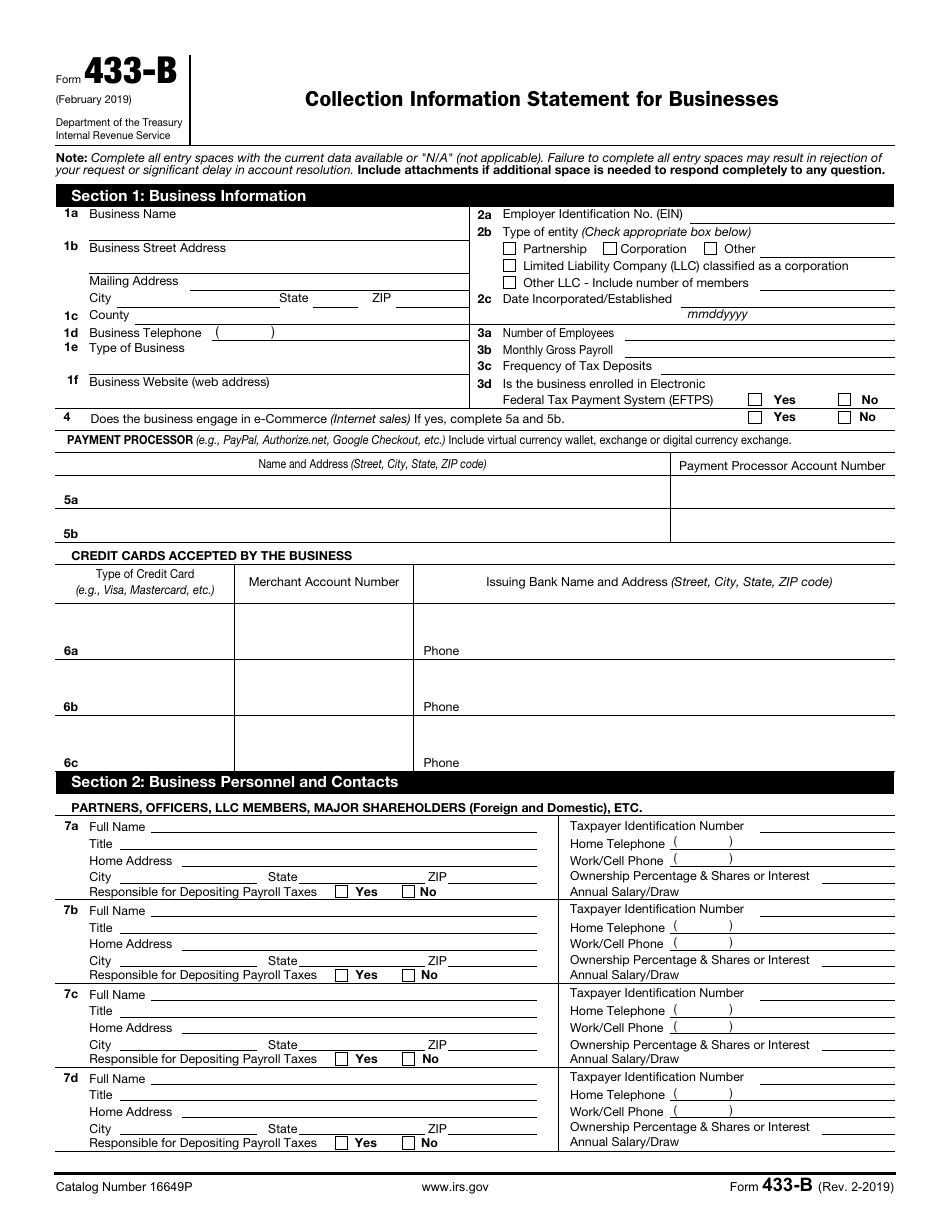 IRS Form 433-B Collection Information Statement for Businesses, Page 1