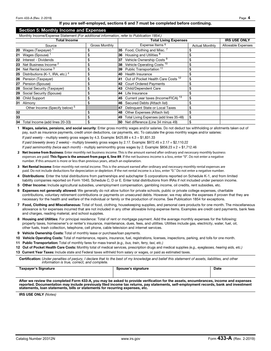 IRS Form 433-A Collection Information Statement for Wage Earners and Self-employed Individuals, Page 4