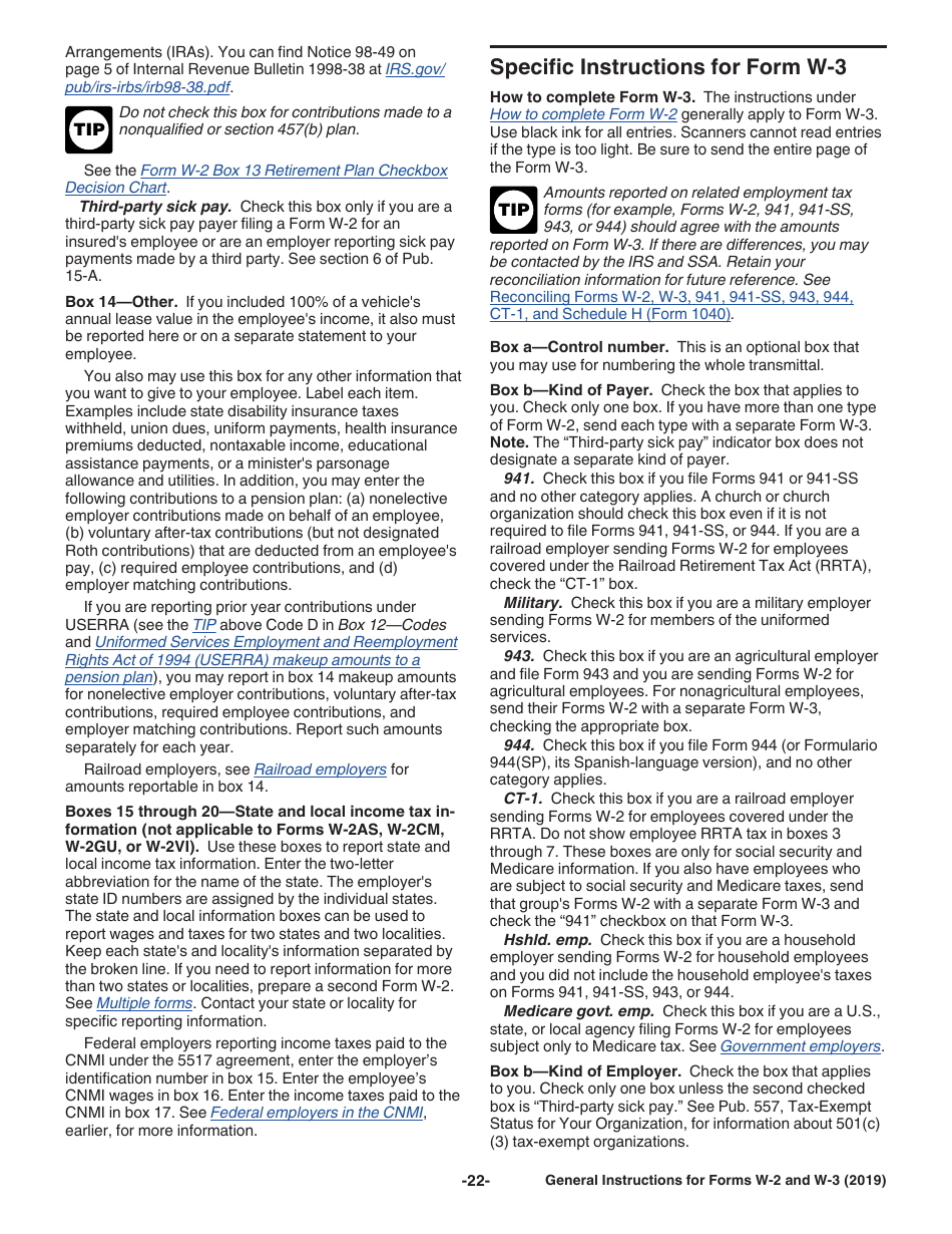 Instructions for IRS Form W-2, W-3, Page 22
