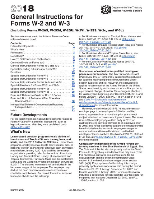 IRS Form W-2, W-3 2018 Printable Pdf