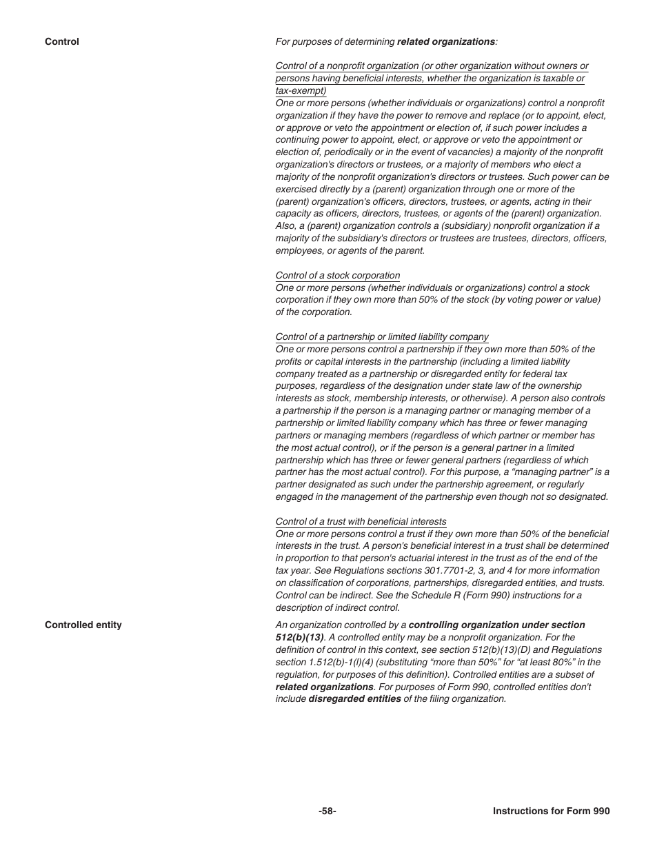 Instructions for IRS Form 990 Return of Organization Exempt From Income Tax, Page 58