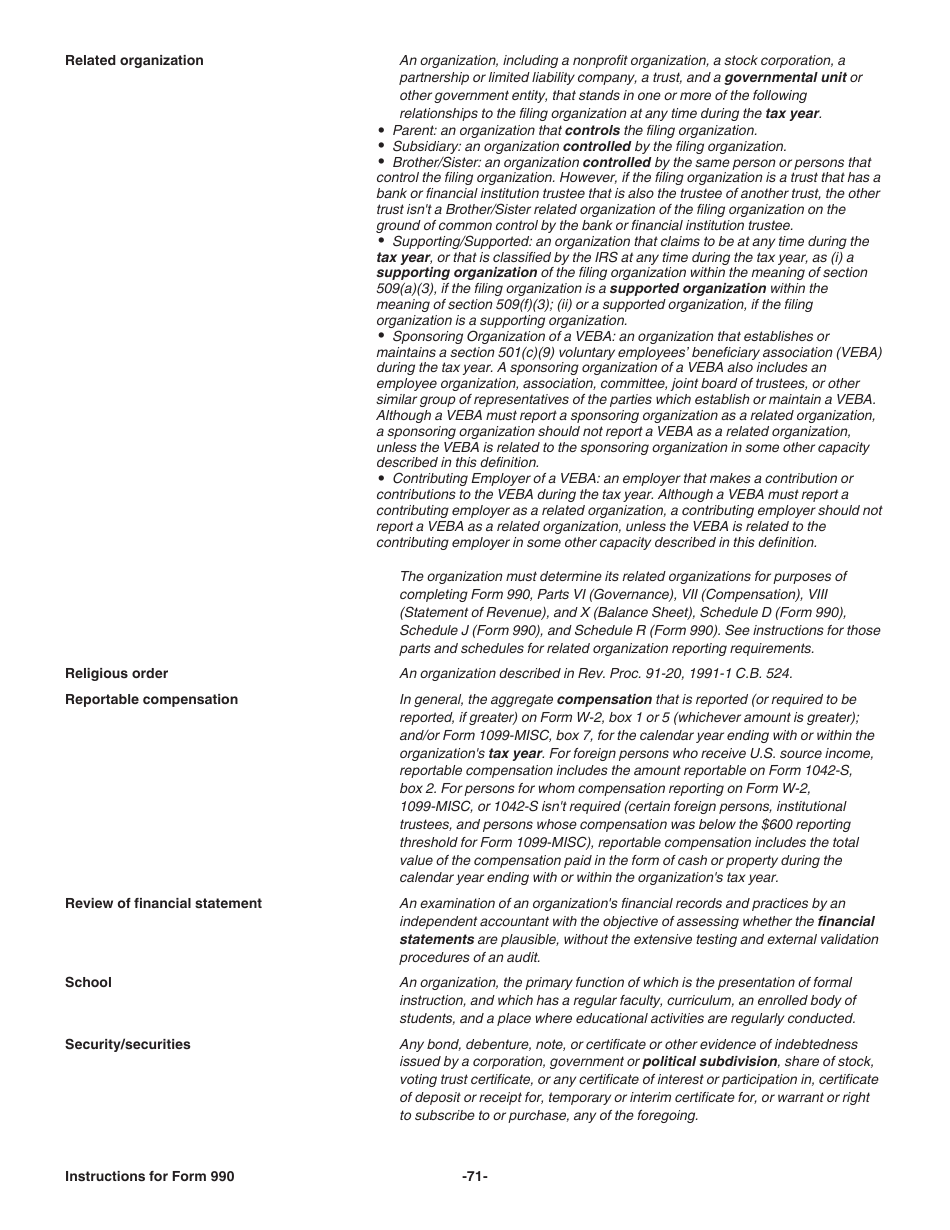 Instructions for IRS Form 990 Return of Organization Exempt From Income Tax, Page 71