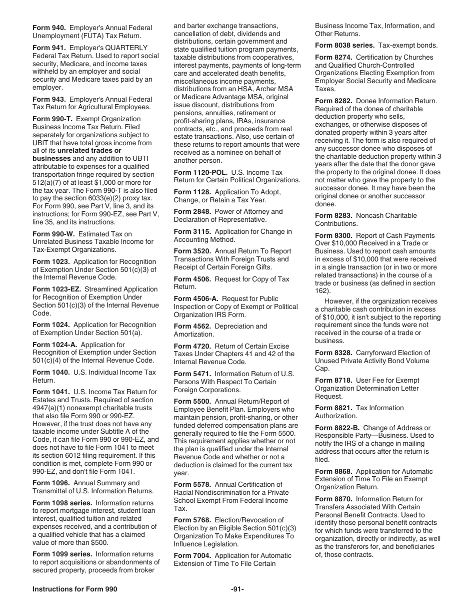 Instructions for IRS Form 990 Return of Organization Exempt From Income Tax, Page 91
