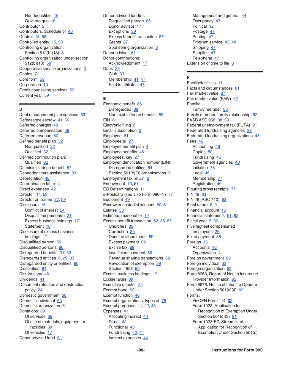 Instructions for IRS Form 990 Return of Organization Exempt From Income Tax, Page 98