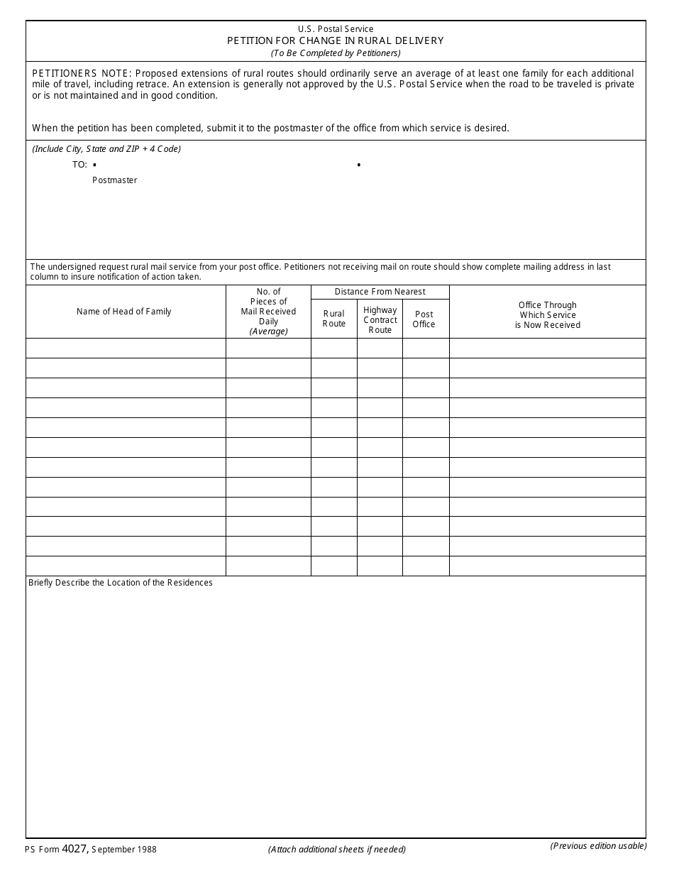 PS Form 4027 Petition for Change in Rural Delivery, Page 1