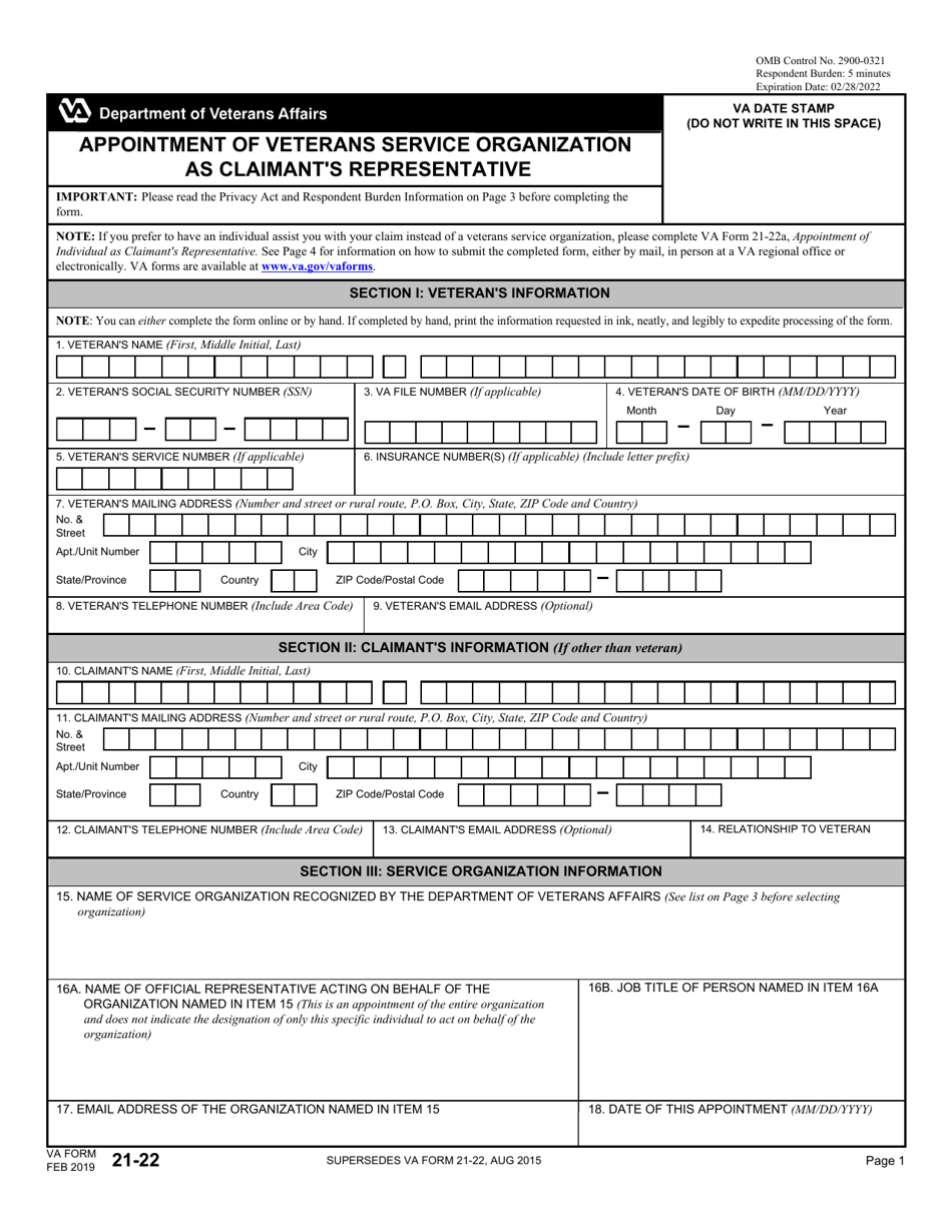 VA Form 21-22 Appointment of Veterans Service Organization as Claimant's Representative, Page 1