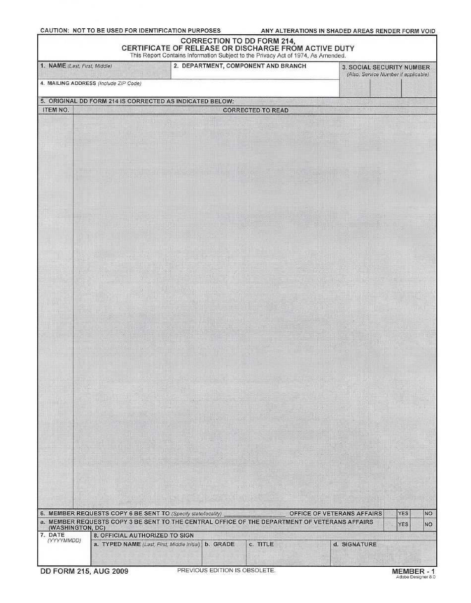 DD Form 215 Correction to DD Form 214, Certificate of Release or Discharge From Active Duty, Page 1