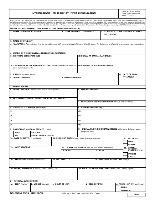 DD Form 2339  Printable Pdf