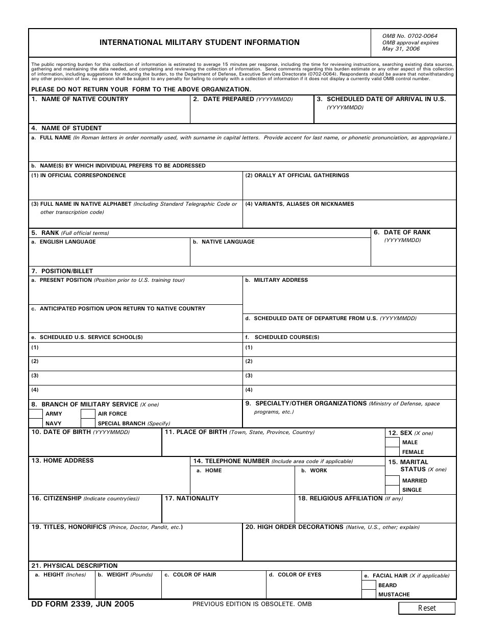 DD Form 2339 International Military Student Information, Page 1