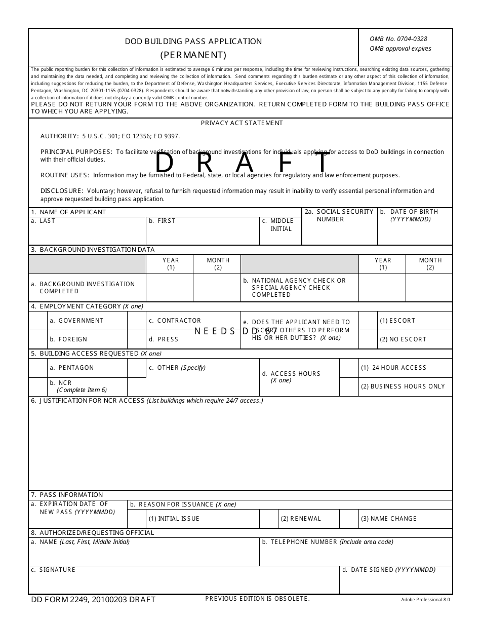 DD Form 2249 DoD Building Pass Application - Draft, Page 1