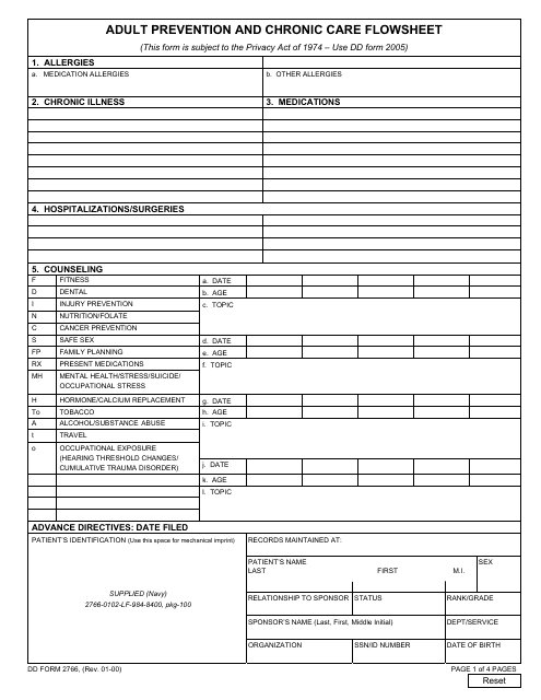DD Form 2766 Adult Preventive and Chronic Care Flowsheet