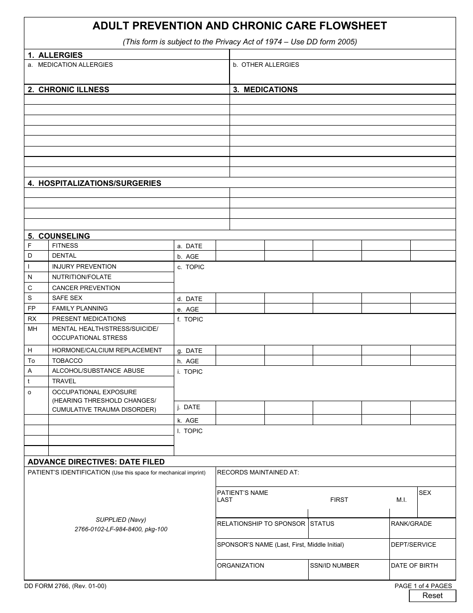 DD Form 2766 Adult Preventive and Chronic Care Flowsheet, Page 1
