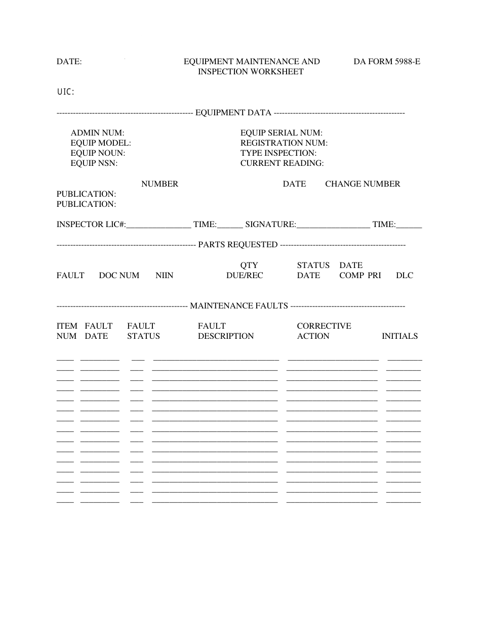 DA Form 20-E Download Fillable PDF or Fill Online Equipment Within Equipment Fault Report Template