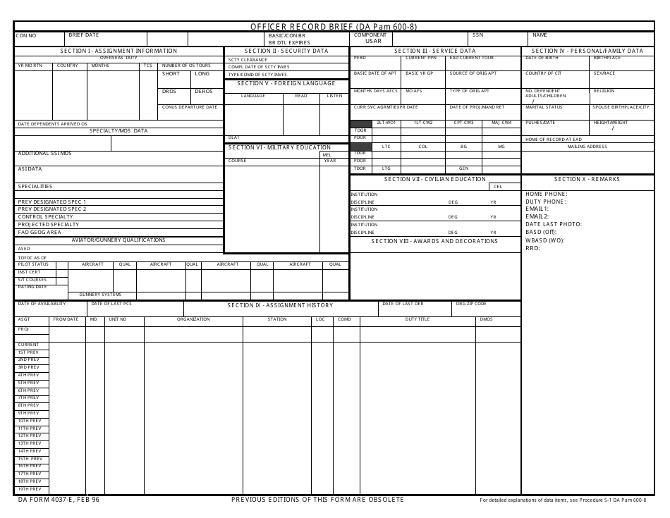 DA Form 4037-E Officer Record Brief, Page 1