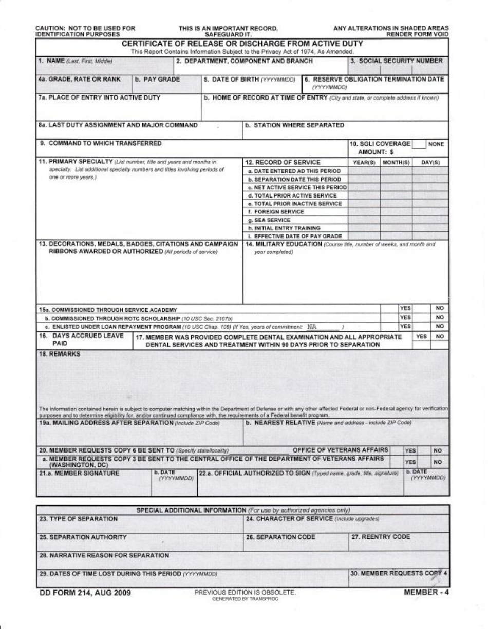 DD Form 214 Certificate of Release or Discharge From Active Duty, Page 1