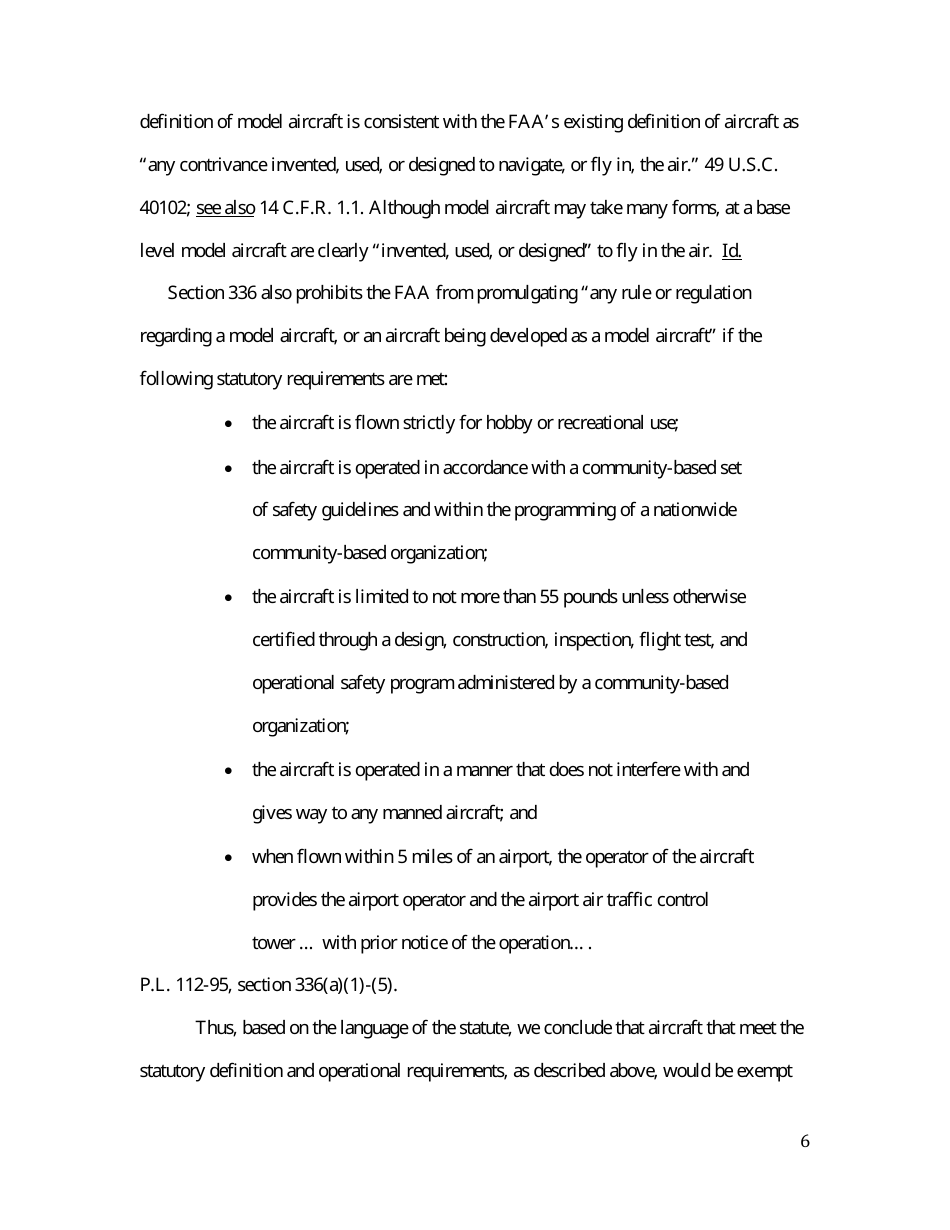 14 Cfr Part 91 (Docket No. FAA-2014-0396), Interpretation of the Special Rule for Model Aircraft, Page 6