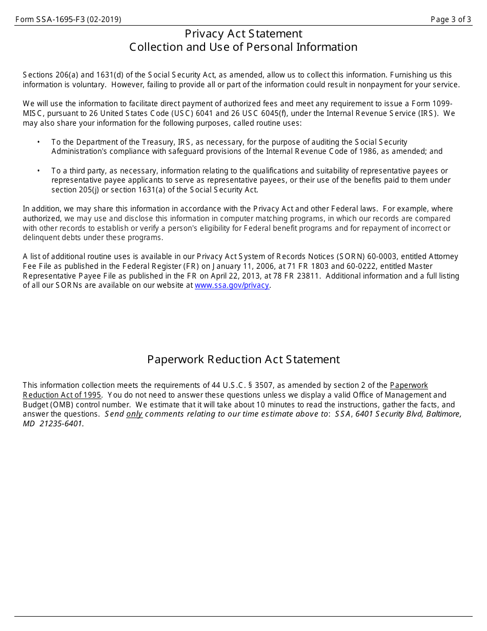 Form SSA-1695-F3 Identifying Information for Possible Direct Payment of Authorized Fees, Page 3