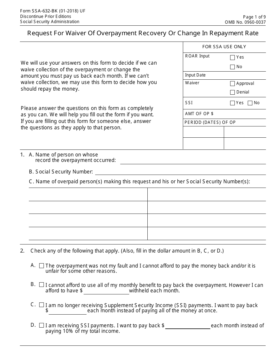 Form SSA-632-BK Request for Waiver of Overpayment Recovery or Change in Repayment Rate, Page 1