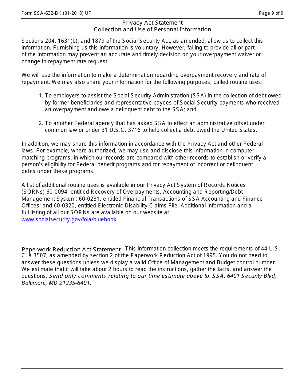 Form SSA-632-BK Request for Waiver of Overpayment Recovery or Change in Repayment Rate, Page 9